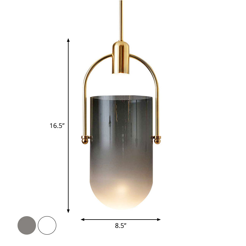 Modern Dome Pendant Lamp in Cream/Smoke Grey Glass - 1-Light, 7.5"/8.5" Wide - Dining Table Down Lighting with Brass Grip