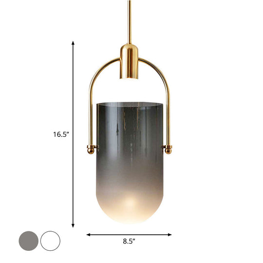 Modern Dome Pendant Lamp in Cream/Smoke Grey Glass - 1-Light, 7.5"/8.5" Wide - Dining Table Down Lighting with Brass Grip