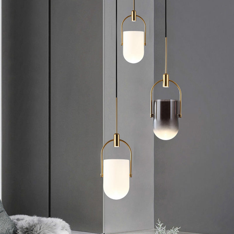 Modern Dome Pendant Lamp in Cream/Smoke Grey Glass - 1-Light, 7.5"/8.5" Wide - Dining Table Down Lighting with Brass Grip