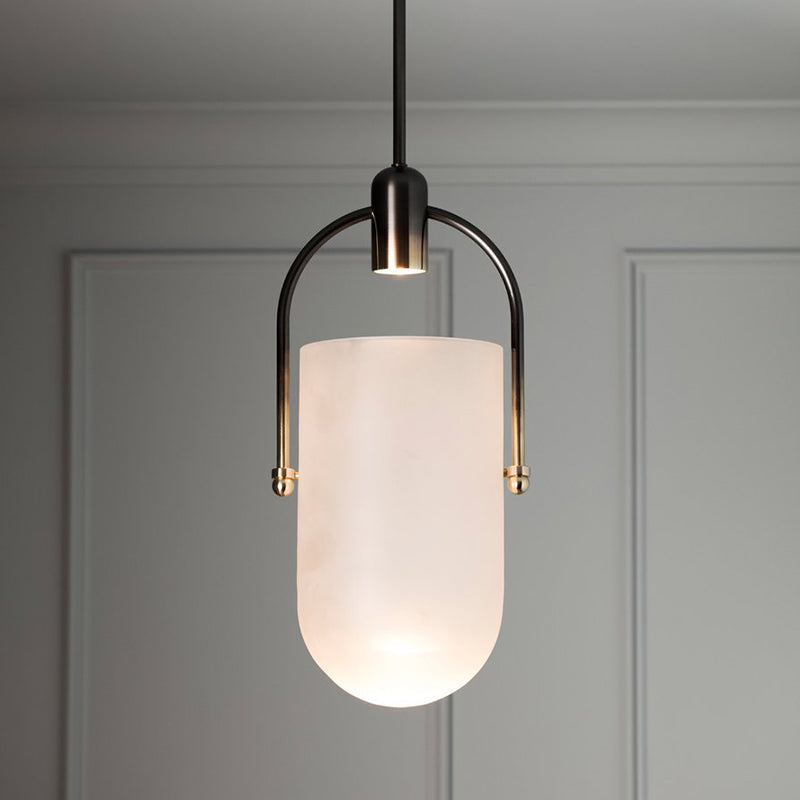 Modern Dome Pendant Lamp in Cream/Smoke Grey Glass - 1-Light, 7.5"/8.5" Wide - Dining Table Down Lighting with Brass Grip