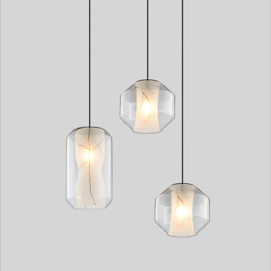 White Curved Pendant Light - Modern Faux Marble Suspension Lamp with Clear Glass Shade