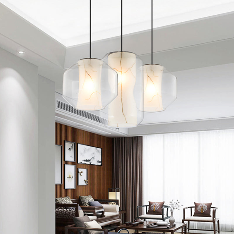 Modern White Pendant Light With Faux Marble And Clear Glass Shade