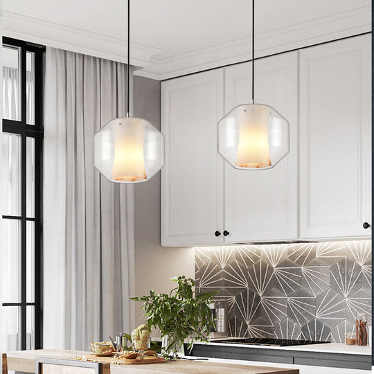 White Curved Pendant Light - Modern Faux Marble Suspension Lamp with Clear Glass Shade