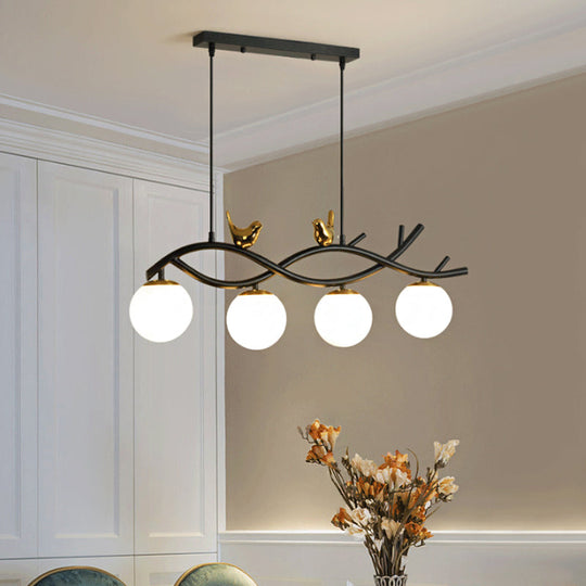 Contemporary Linear/Branch Dining Room Island Lamp - Cream Glass Ball 4 Heads Hanging Pendant With