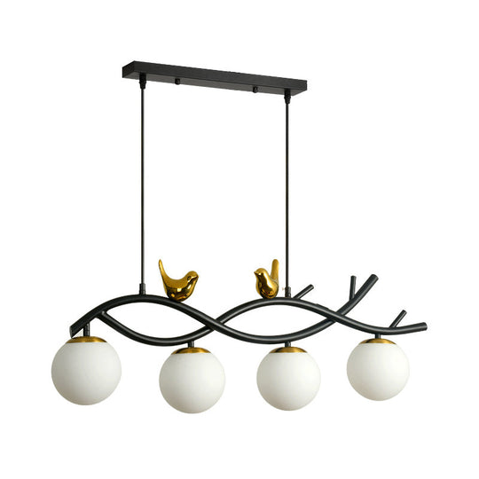 Contemporary Linear/Branch Dining Room Island Lamp - Cream Glass Ball 4 Heads Hanging Pendant With