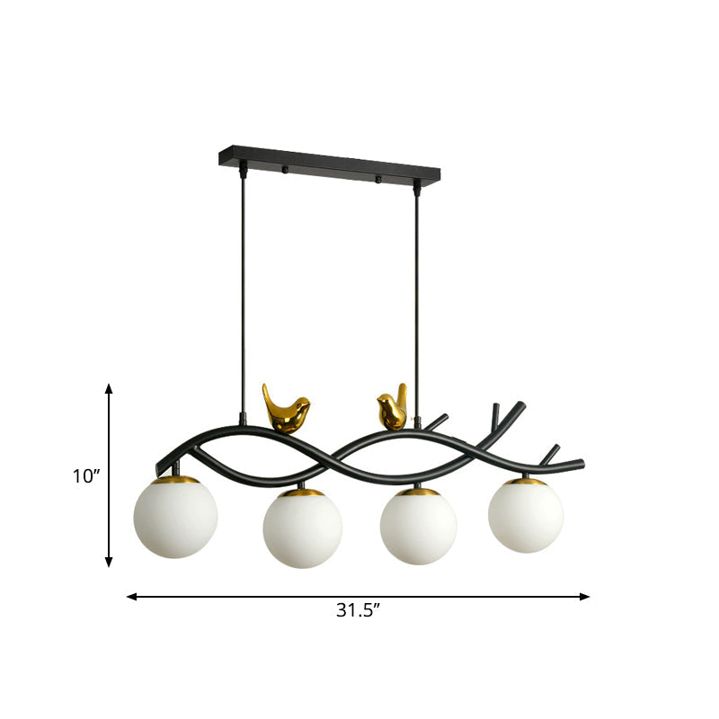 Contemporary Linear/Branch Dining Room Island Lamp - Cream Glass Ball 4 Heads Hanging Pendant With