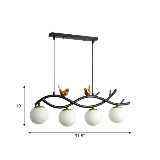 Contemporary Linear/Branch Dining Room Island Lamp - Cream Glass Ball 4 Heads Hanging Pendant With