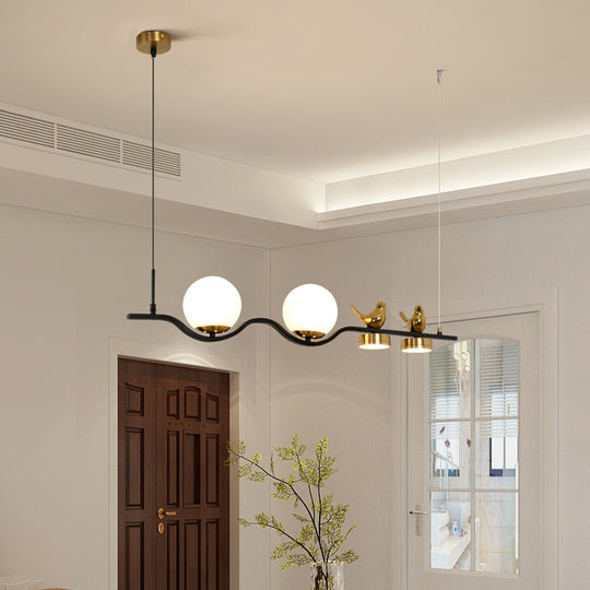 Contemporary Linear/Branch Dining Room Island Lamp - Cream Glass Ball 4 Heads Hanging Pendant With