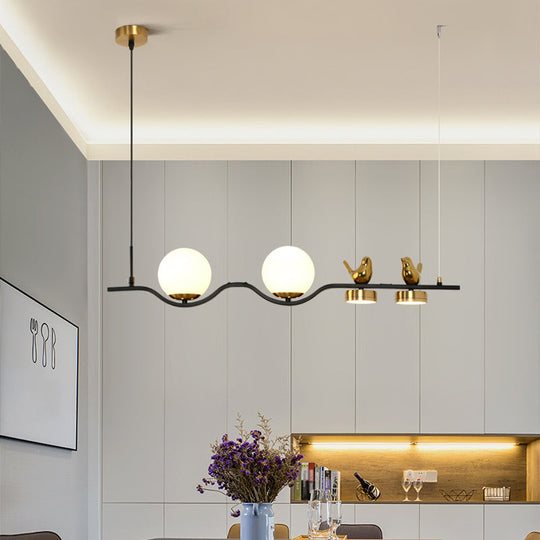 Contemporary Linear/Branch Dining Room Island Lamp - Cream Glass Ball 4 Heads Hanging Pendant With