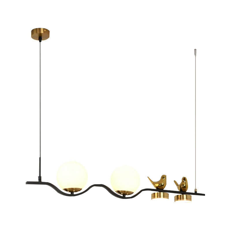 Contemporary Linear/Branch Dining Room Island Lamp - Cream Glass Ball 4 Heads Hanging Pendant With