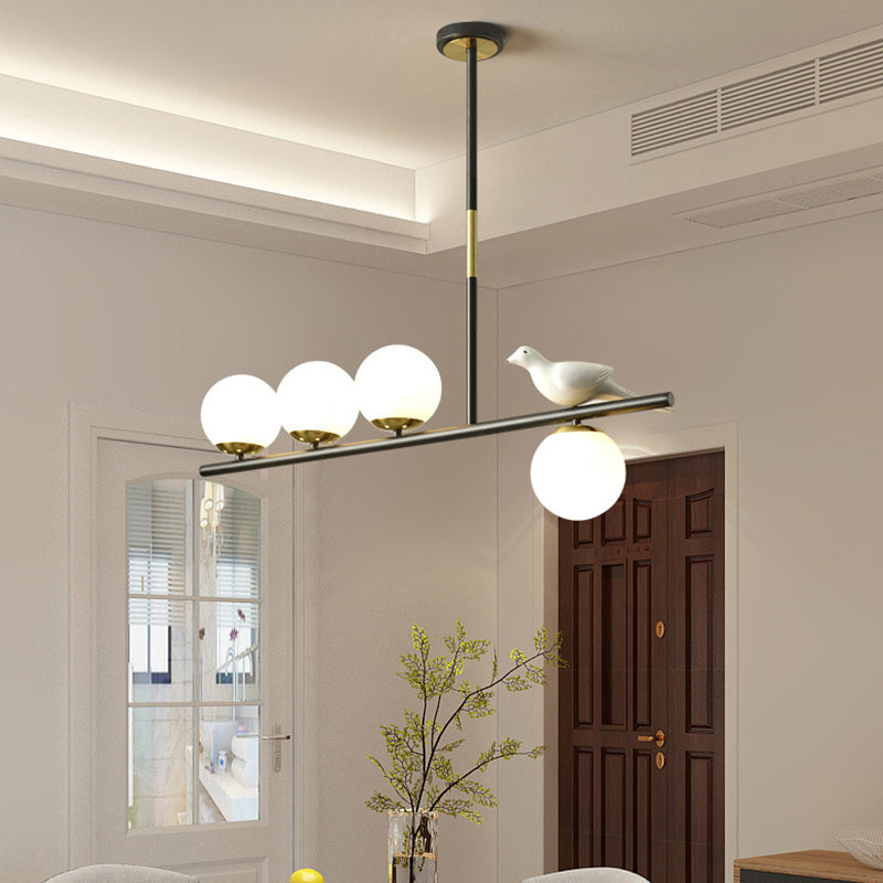 Contemporary Linear/Branch Dining Room Island Lamp - Cream Glass Ball 4 Heads Hanging Pendant With