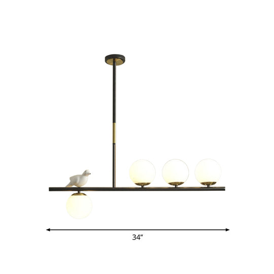 Contemporary Linear/Branch Dining Room Island Lamp - Cream Glass Ball 4 Heads Hanging Pendant With