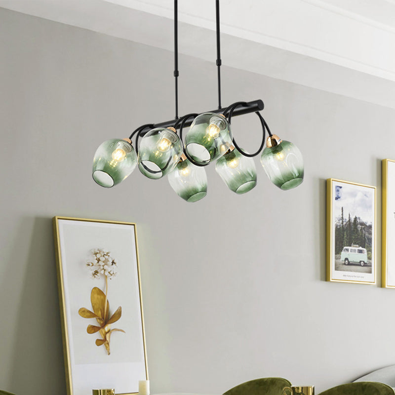 Modern Dimpled Glass Wine Cup Island Light With 6/8/10-Head Black Suspended Fixture Blue/Green Ombre