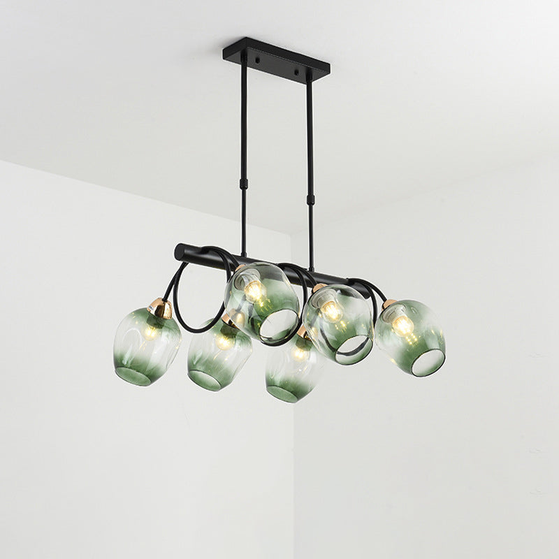 Modern Dimpled Glass Wine Cup Island Light With 6/8/10-Head Black Suspended Fixture Blue/Green Ombre