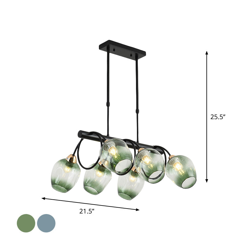 Modern Dimpled Glass Wine Cup Island Light With 6/8/10-Head Black Suspended Fixture Blue/Green Ombre