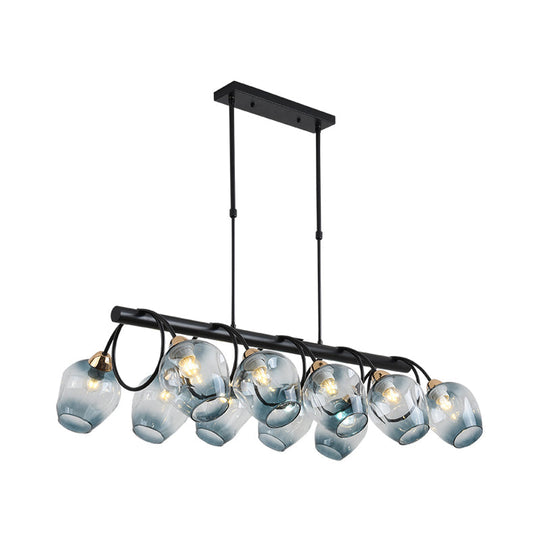 Modern Dimpled Glass Wine Cup Island Light With 6/8/10-Head Black Suspended Fixture Blue/Green Ombre