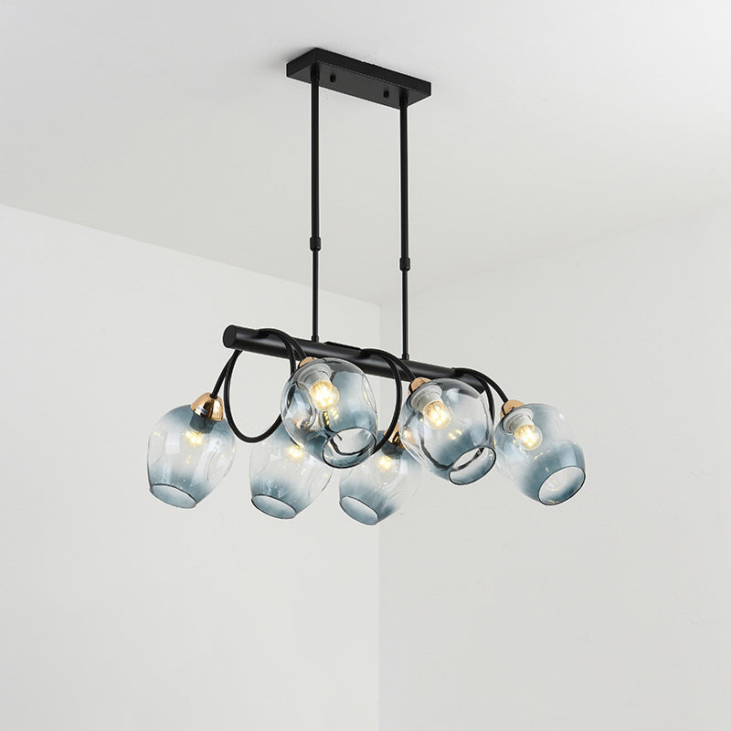 Modern Dimpled Glass Wine Cup Island Light With 6/8/10-Head Black Suspended Fixture Blue/Green Ombre