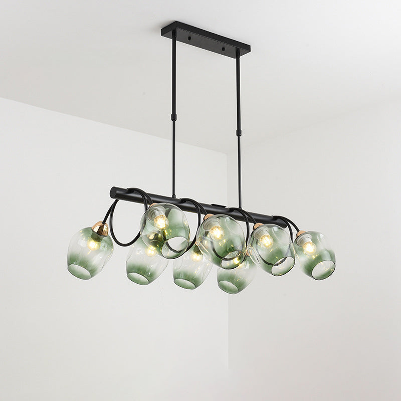 Modern Dimpled Glass Wine Cup Island Light With 6/8/10-Head Black Suspended Fixture Blue/Green Ombre