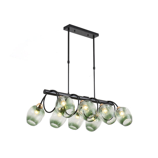 Modern Dimpled Glass Wine Cup Island Light With 6/8/10-Head Black Suspended Fixture Blue/Green Ombre