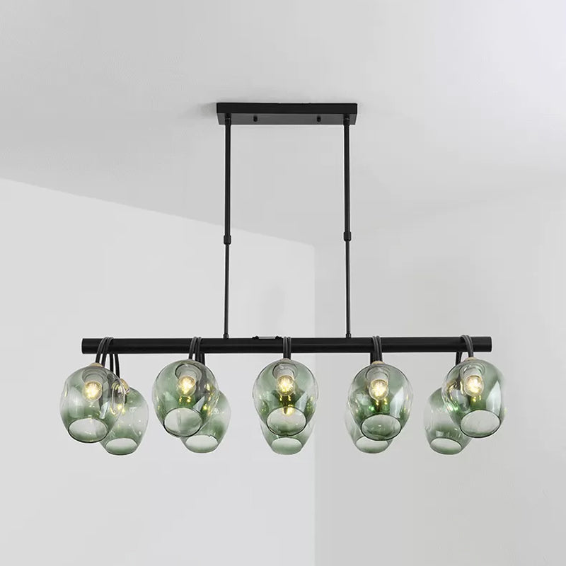 Modern Dimpled Glass Wine Cup Island Light With 6/8/10-Head Black Suspended Fixture Blue/Green Ombre