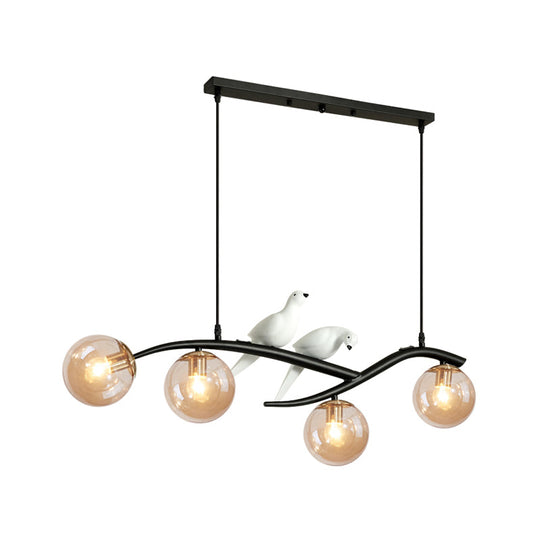 Contemporary Metal Branch Hanging Lamp Island Pendant - 4-Light Black/Gold With Bird Deco And Smoke