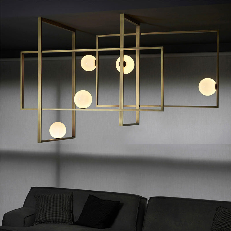 Postmodern Interlocking 5-Head Semi Flush Gold Ceiling Lamp With Orb Glass Shade