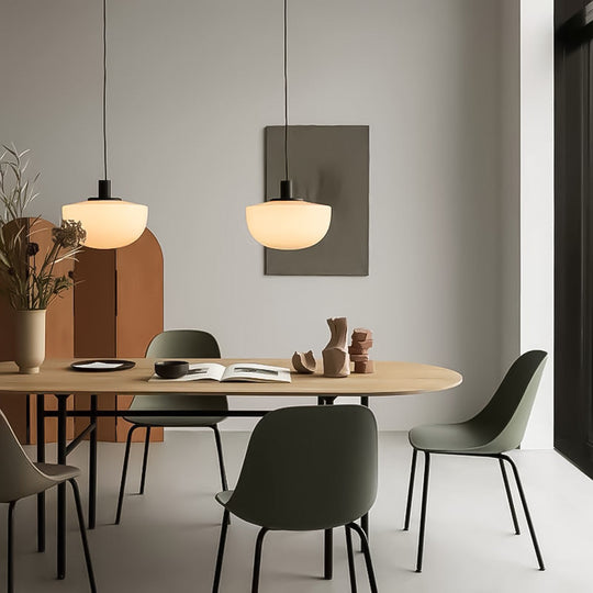 Modern Black Dome Pendant Light With White Glass Shade For Dining Table