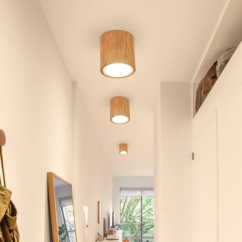 Wooden Mini Corridor Ceiling Lamp Nordic Flush Mount Lighting - Round/Square, LED, Beige, 4"/6"/8"H