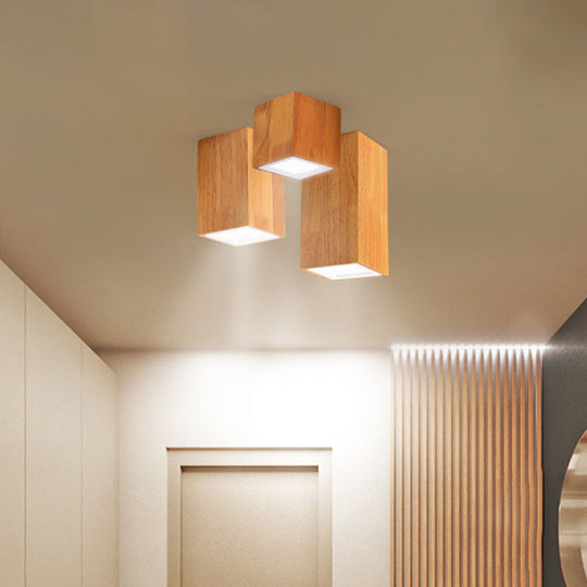 Wooden Mini Corridor Ceiling Lamp Nordic Flush Mount Lighting - Round/Square, LED, Beige, 4"/6"/8"H