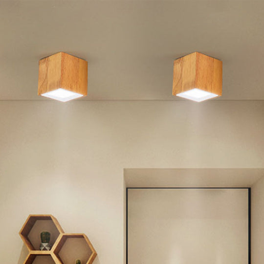 Wooden Mini Corridor Ceiling Lamp Nordic Flush Mount Lighting - Round/Square, LED, Beige, 4"/6"/8"H