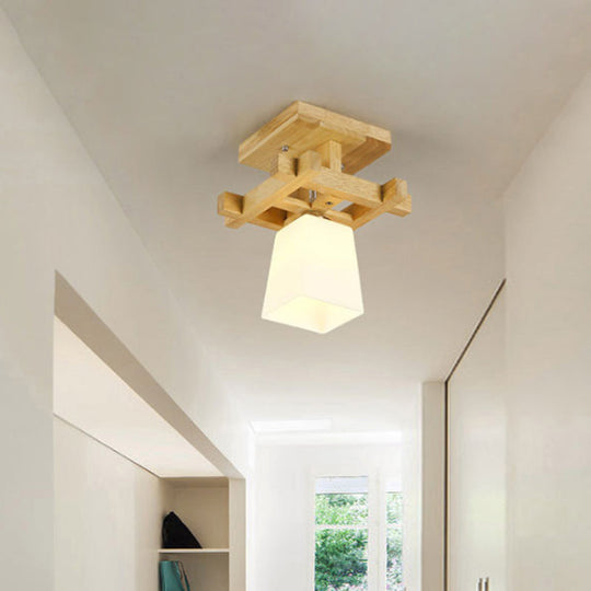 Nordic Style Trapezoidal Aisle Ceiling Lamp - Opal Glass 1-Light Semi Flush Mount with Warm/White Light and Wood Top