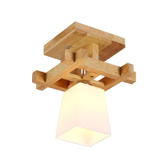 Nordic Style Trapezoidal Aisle Ceiling Lamp - Opal Glass 1-Light Semi Flush Mount with Warm/White Light and Wood Top