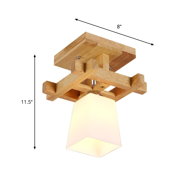 Nordic Style Trapezoidal Aisle Ceiling Lamp - Opal Glass 1-Light Semi Flush Mount with Warm/White Light and Wood Top