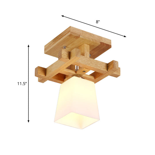 Nordic Style Trapezoidal Aisle Ceiling Lamp - Opal Glass 1-Light Semi Flush Mount with Warm/White Light and Wood Top