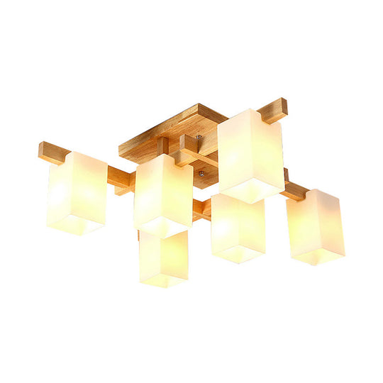 Sleek 6-Light Frosted Glass Cuboid Ceiling Light with Wood Arm