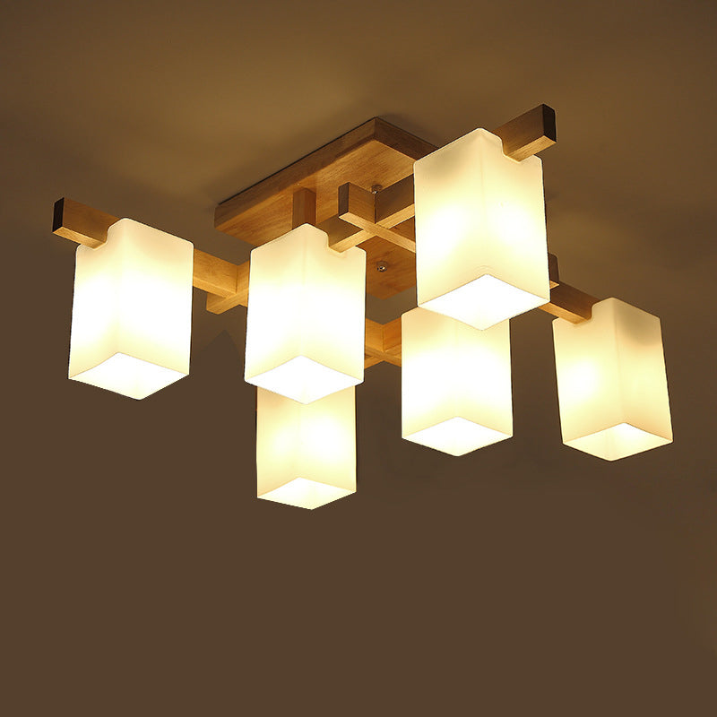 Sleek 6-Light Frosted Glass Cuboid Ceiling Light with Wood Arm