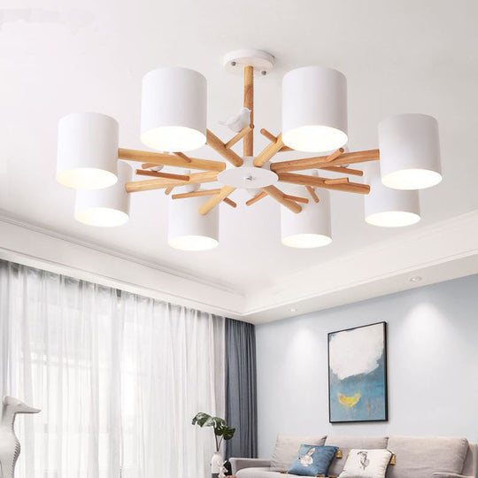 Modern Wooden Branch Flush Chandelier With Ball Cream Glass Shades - Nordic Design 3/6/8 Heads White