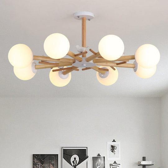 Modern Wooden Branch Flush Chandelier With Ball Cream Glass Shades - Nordic Design 3/6/8 Heads White