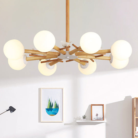 Modern Wooden Branch Flush Chandelier With Ball Cream Glass Shades - Nordic Design 3/6/8 Heads White