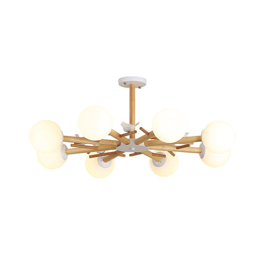 Modern Wooden Branch Flush Chandelier With Ball Cream Glass Shades - Nordic Design 3/6/8 Heads White