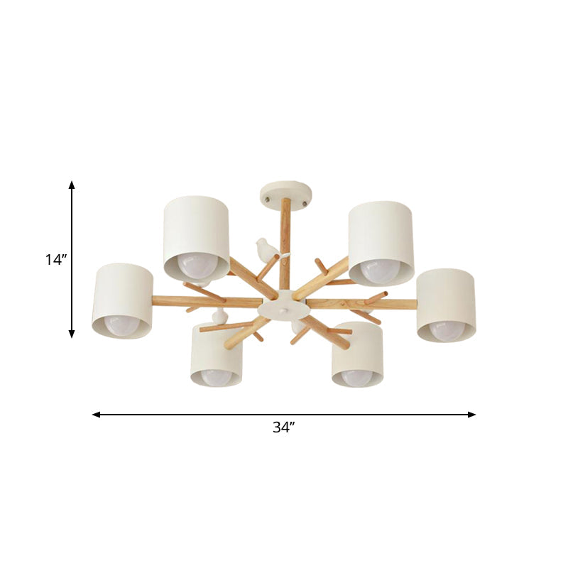 Modern Wooden Branch Flush Chandelier With Ball Cream Glass Shades - Nordic Design 3/6/8 Heads White