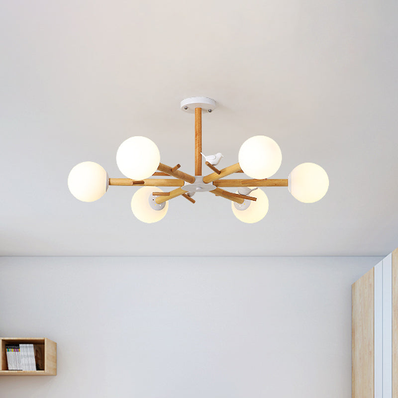 Modern Wooden Branch Flush Chandelier With Ball Cream Glass Shades - Nordic Design 3/6/8 Heads White