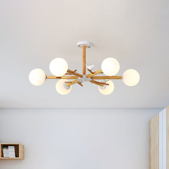 Modern Wooden Branch Flush Chandelier With Ball Cream Glass Shades - Nordic Design 3/6/8 Heads White