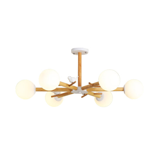 Modern Wooden Branch Flush Chandelier With Ball Cream Glass Shades - Nordic Design 3/6/8 Heads White