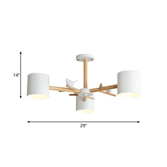 Modern Wooden Branch Flush Chandelier With Ball Cream Glass Shades - Nordic Design 3/6/8 Heads White