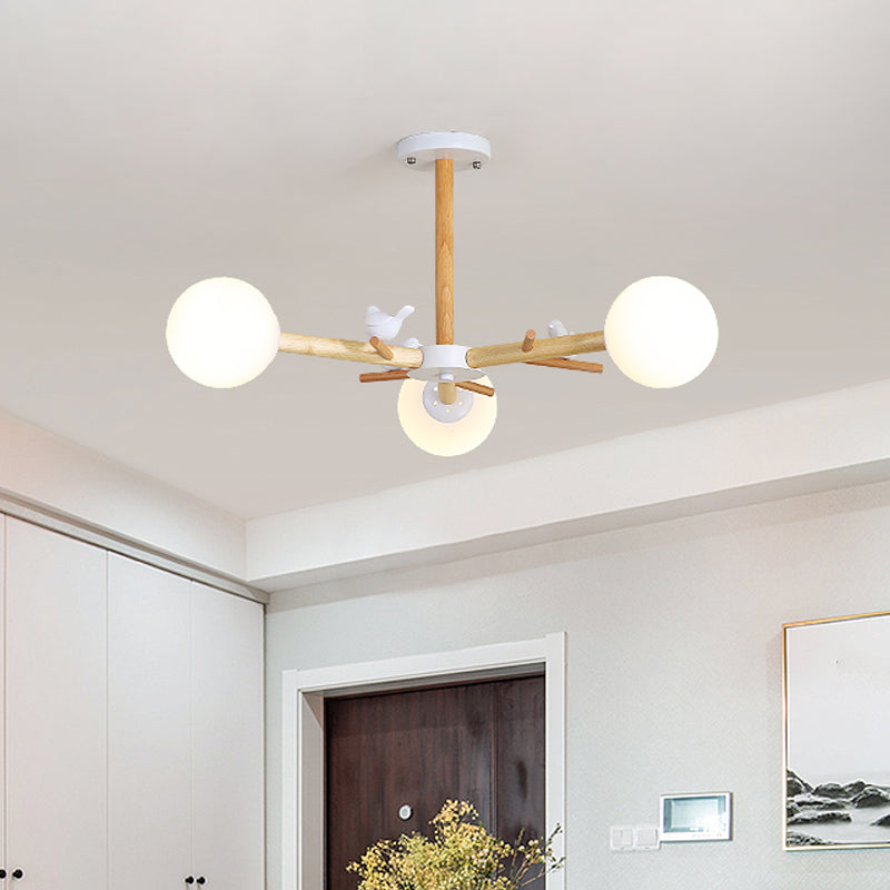 Modern Wooden Branch Flush Chandelier With Ball Cream Glass Shades - Nordic Design 3/6/8 Heads White