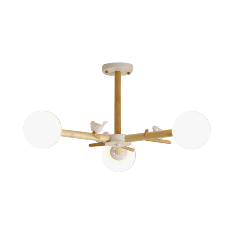 Modern Wooden Branch Flush Chandelier With Ball Cream Glass Shades - Nordic Design 3/6/8 Heads White