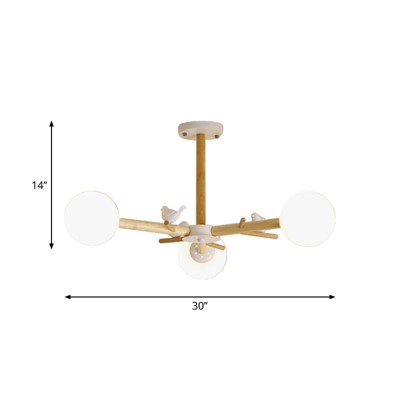 Modern Wooden Branch Flush Chandelier With Ball Cream Glass Shades - Nordic Design 3/6/8 Heads White