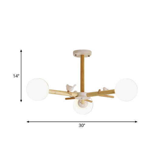 Modern Wooden Branch Flush Chandelier With Ball Cream Glass Shades - Nordic Design 3/6/8 Heads White