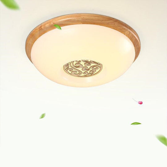 Modern Wood Bowl Ceiling Flush Mount Lighting | LED Acrylic Flushmount with Swirl Floral Carve | Warm/White Light | 14"/16"/18